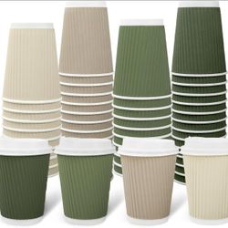 100 Pcs Nude Sage Green Disposable Coffee Cups with Lids 12oz Milky White Brown Green Paper Cups