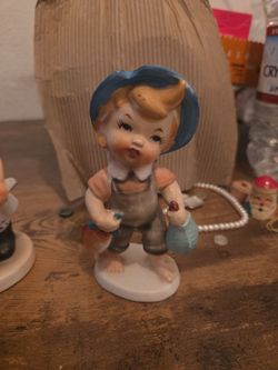 Vintage Ucagco Ceramics Japan Figurine Little Boy W/Fish Blue Hat 5” Tall