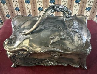 1940’s Antique Art Nouveau Cherub Repousse Gilted Jewelry Casket