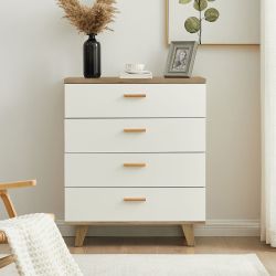 New Drawer Dresser Cabinet with 4 Drawers, Solid Wood Handle & Legs, White + Oak