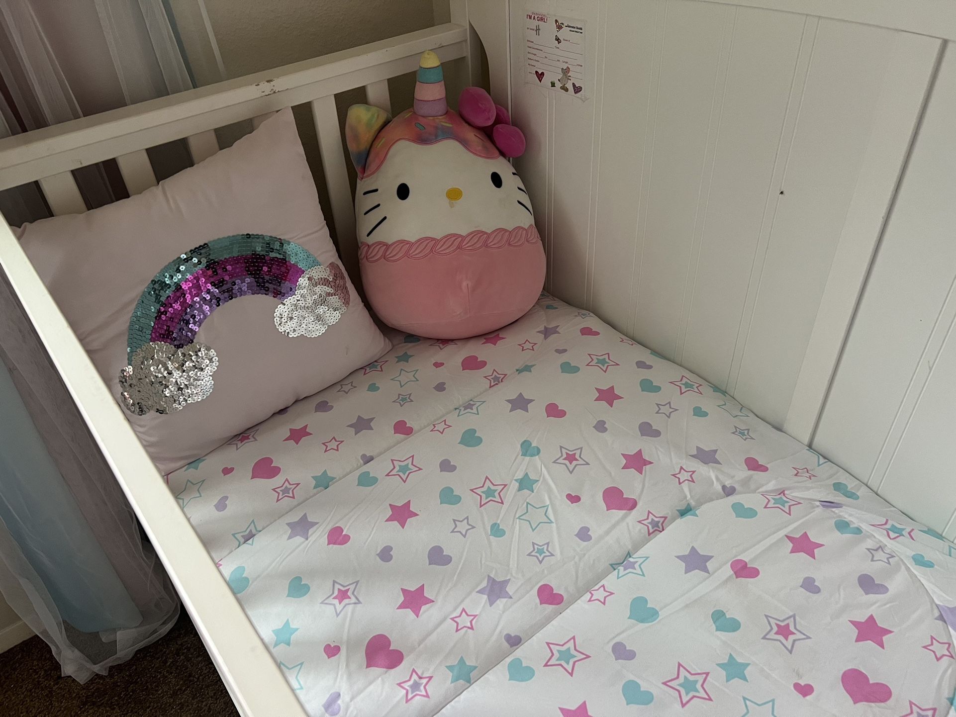 White Crib, Matress, Crib Sheet, Crib Musical Toy