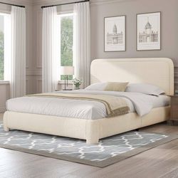 Queen Bed Frame, Cloud Boucle Headboard, Rounded Corners, Cream Soft boucle and rounded edges create a low-profile cloud look. Wooden slat