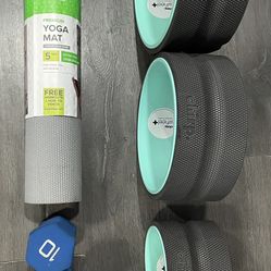 Everything is brand new. Set of 3 Chirp Wheel+ Foam Roller, 6 inch, 10 inch and 12 https://offerup.com/redirect/?o=aW5jaC55b2dh mat, 2 sets of dumbell