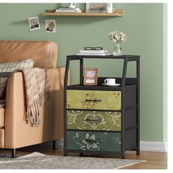 Night Stand with 3 Drawers Small Nightstand Side Table, Black Floral