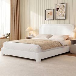 Full Size Boucle Bed Frame, Upholstered Teddy Fabric Bed Frame with Headboard, Soft Rounded Corners, No Box Spring Required, Adjustable Headboard, Eas