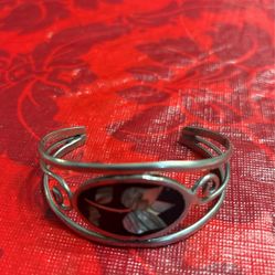 Mexico Alpaca Bracelet Mother Of Pearl  Inlay Silver Tone