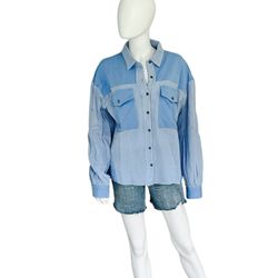 FANTASTIC FAWN oversized Washed Out Blue Button Front Top Sz Medium  