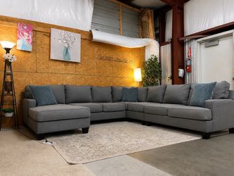 Large Gray Fabric Sectional Sofa with Chaise