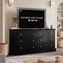Black 6-Drawer Wide Dresser TV Stand