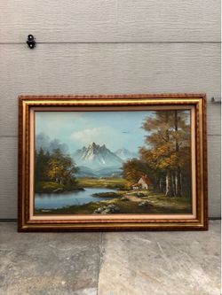 Large Framed Original Oil Painting on Canvas – Mountain Lake Landscape