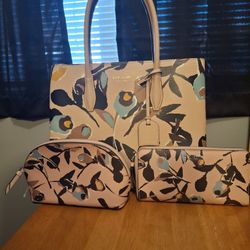 Kate Spade Eva Paper Rose Satchel, Cosmetic Bag,  And Cameron Paper Rose Large Continental Wallet 