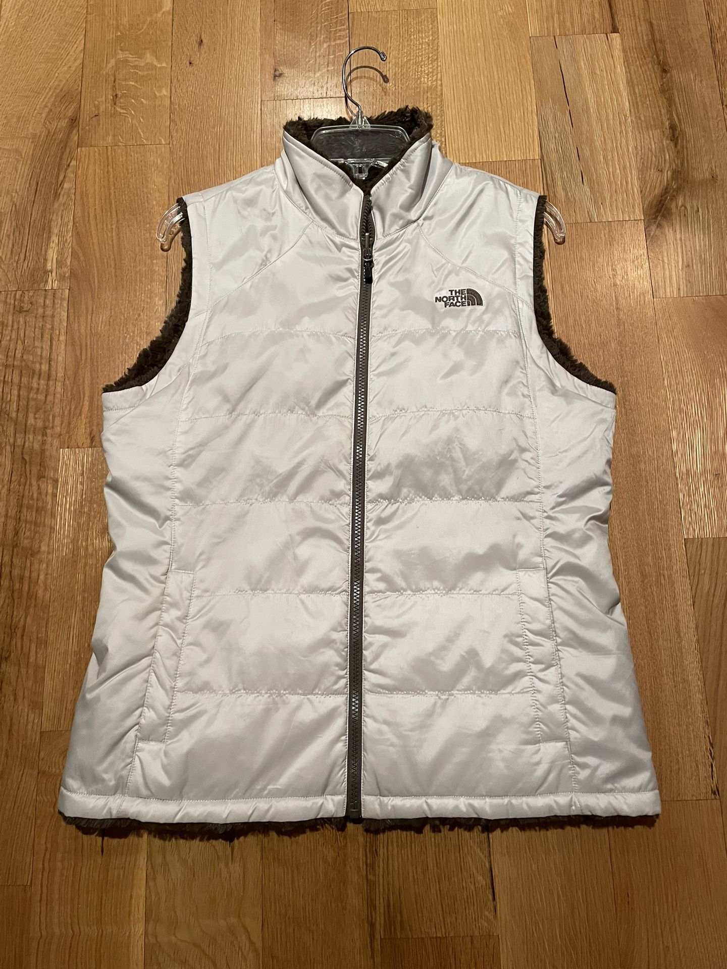 Womens Northface Creme Nylon And Brown Fur Reversible Vest