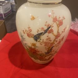 Vintage Vase Case Glass OrientalMums Asian cherry blossom, bluebird ginger jar, 10 inches tall