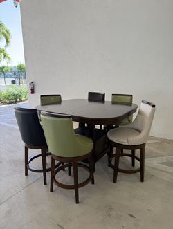 LITON Pub Height Dining Set w/ Swivel Chairs – Solid Wood – 7 Piece