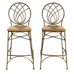 Vintage Gold Tone Cast Iron Bar Stools – Woven Rush Seats – Set of 2