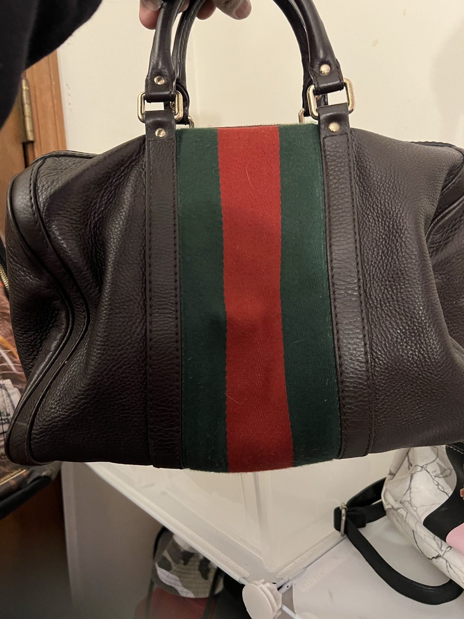 Gucci Medium Brown Web Leather Boston Bag