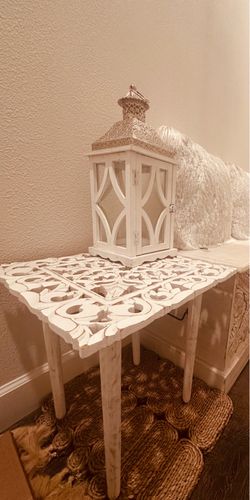 White Carved Wood Accent Table / Boho Farmhouse Side Table