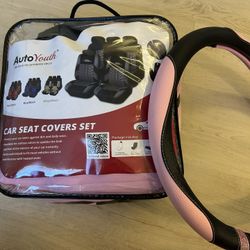 AutoYouth Pink and Black Car Seat Cover Nine Piece Set With Matching Wheel Cover