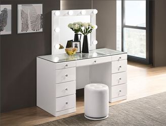 Vanity with swivel stool and lights