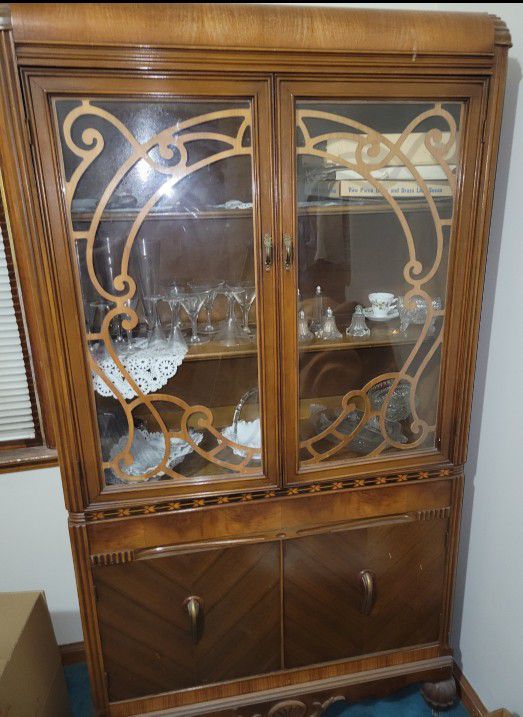 SUPERSALE Antique Art Deco Waterfall Wood China Cabinet