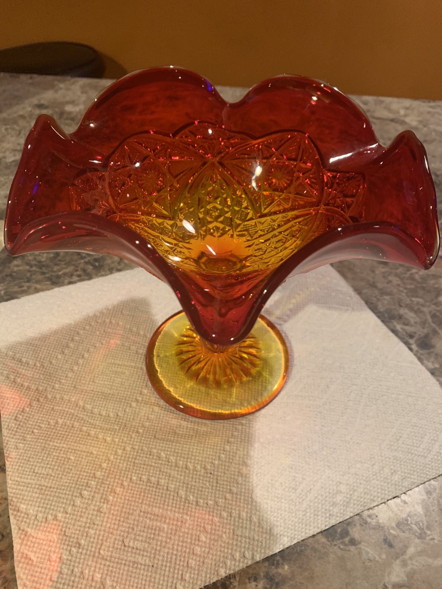 Beautiful Fire Red and Amber Etched Glass center piece