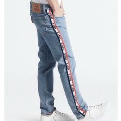 Levis 501 ST Side Stripe Logo Denim Big E Blue Jeans 29x30 Slim Taper Sport Tags