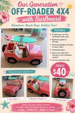 My Generation 18 in doll 4 by 4 Jeep and surfboard