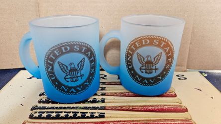 NEW, 2X Glass frosted United States Navy mugs, firm.