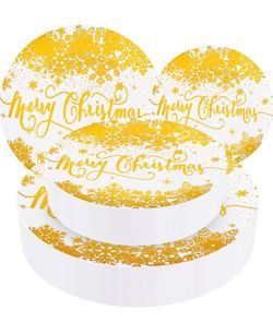 150 PCS Gold Christmas Dinnerware Set, Heavy Duty Disposable Plastic White Party Plates Set