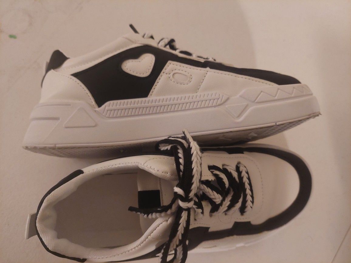 6.5 US /37 Euro BLACK AND WHITE HEART SHOES