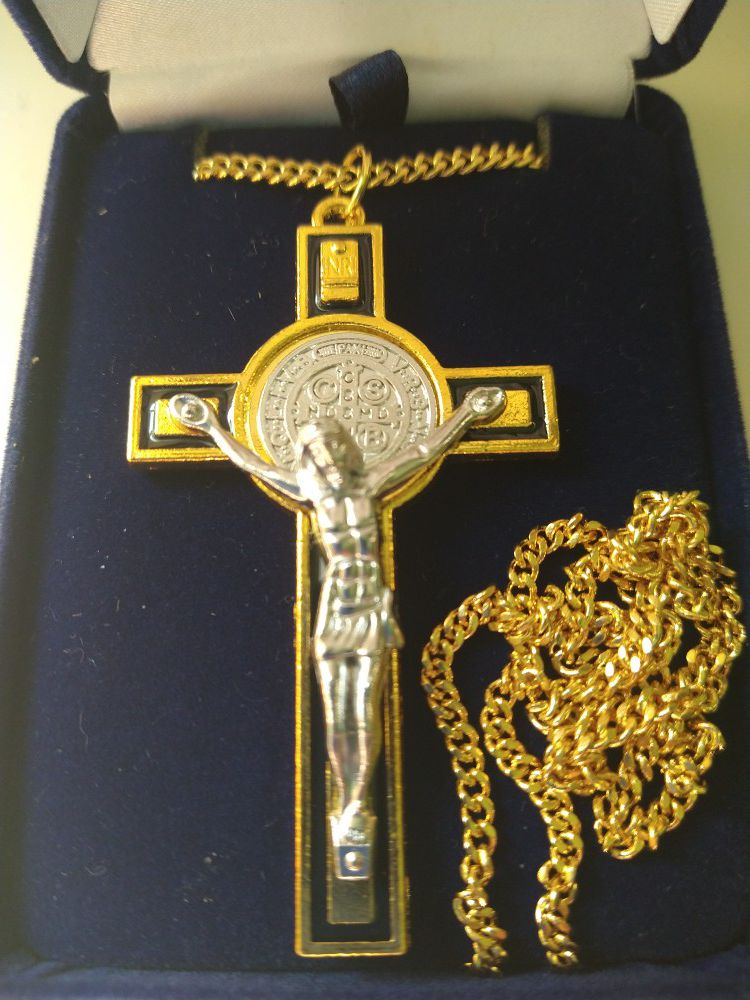 Stainless steel and gold plated St Benedict Crucifix sold on a 24-in gold-plated curb chain. Religious jewelry.