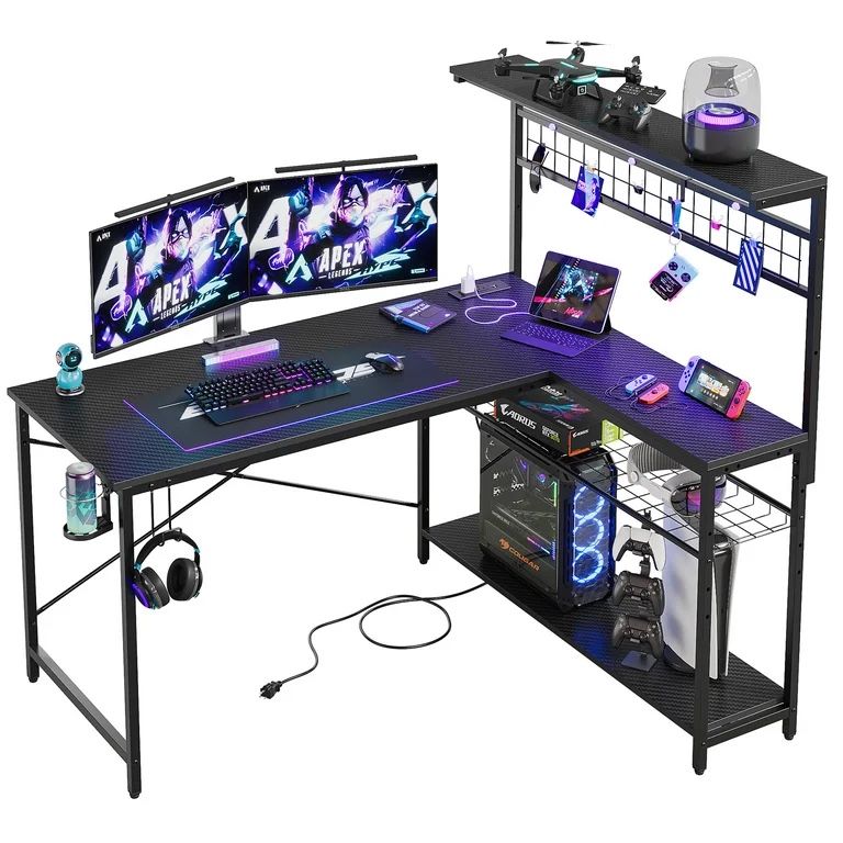 51”L Shaped Gaming Desk with Power Outlets & LED Light, Computer Desk with 4 Tiers Shelves for Home Office, Reversible Gamer Table with Hooks and Cup 