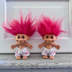 2 avail $10 ea or both for $15. Vintage 1990s Russ Berrie Valentine Troll Dolls , 4” tall , red hair, it says "100% Huggable on their boxer shorts