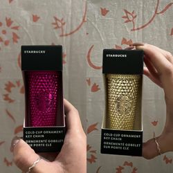 BRAND NEW IN BOX! STARBUCKS Sangria + Gold Chrome Studded Keychain/ornament Set (2) 