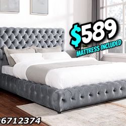King Size Grey Tufted Bed W Ortho Mattress 