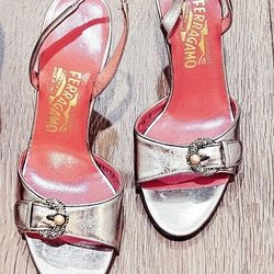 Salvatore Ferragamo Gold Leather Heels- Size 7.5