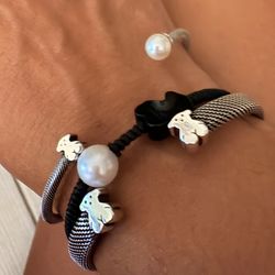 Authentic TOUS Sterling Silver 925 Set 3 Adjustable Bracelets Pearl Bear Charm
