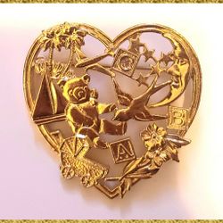 Vintage Avon Large Children's ABC Heart Pin Gold Tone Brooch Toys Teddy Bear

