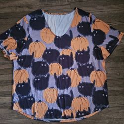 HOLLOWEEN BLACK CAT & ORANGE PUMPKIN PRINTS WOMEN ADULT 3XL  SIZE  BLOUSE 