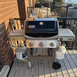 3 Burner  Propane Weber grill with 2 Propane Bottles And Grill Cover