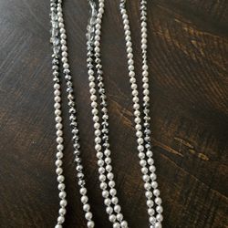 Long Grey/Silvertone Faux Pearl & Bead Necklace 