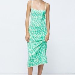VIRAL Zara Green Zebra Open Back Tie Midi Dress Size M