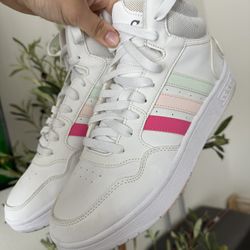Adidas Women's White Sneakers with Pink and Green Stripes