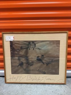 Vintage Signed Bird Art Print “Happy Birthday” by Davis Framed Wall Decor