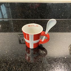 Danish Flag Denmark Mug Red & White With Spoon Size 3”x3”