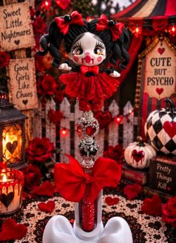 Gothic Clown clay Doll Wand with Rhinestone Charms