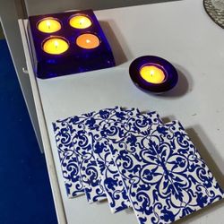 Lot of Beautiful cobalt blue  candle holders & coasters.