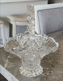 Vintage Cut Crystal Bride’s Basket with Frosted Bird Motif – Elegant Pedestal Dish
