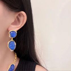 Gold blue stones retro style women's drop dangle earrings gift

