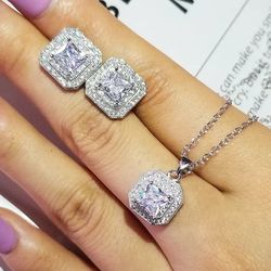 Silver 925 Glittering CZ Earrings and Ring Set 